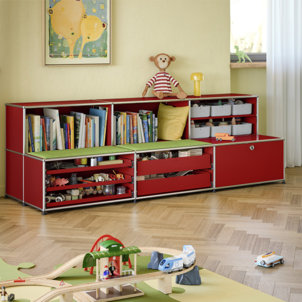 Kinderzimmer Regal / Kinder-Sitzbank, 6 FA, BHT: 2,25 | 0,7 | 0,7 m, verschied. Farben